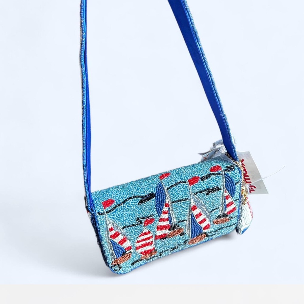 Viral Rare Hand Beaded Sailboat Bag in Red, White, Blue with sailboat charm